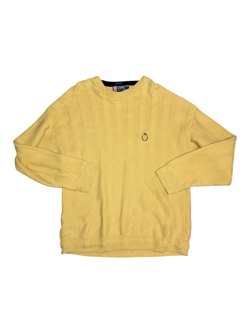 Vintage Chaps Ralph Lauren Hand Framed Sweater Embroidered Crest Large Yellow